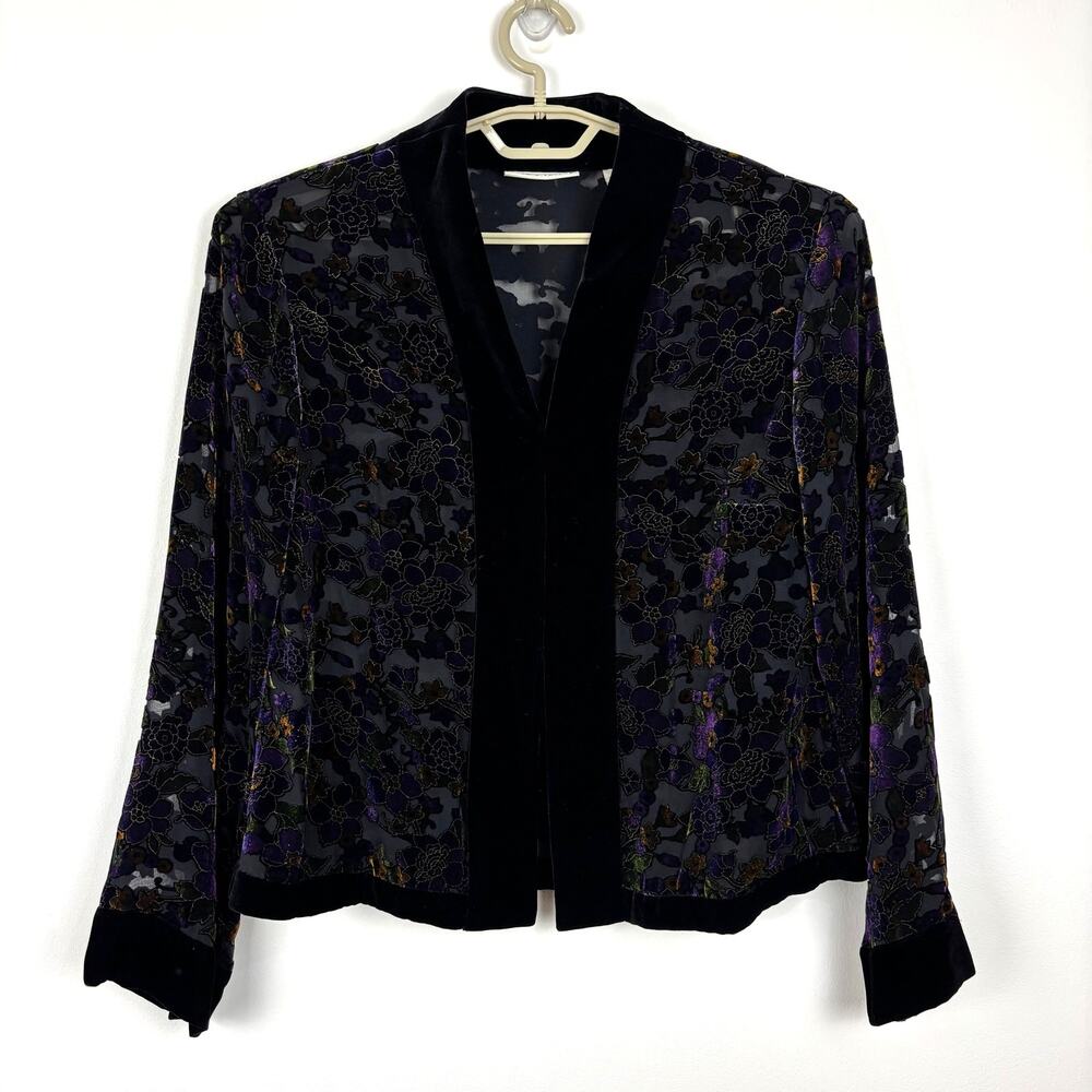 Lord & Taylor Velvet Burnout Jacket silk floral black purple *no size* L/XL